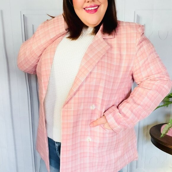New -Pink Plaid Double Breasted Collar Lapel Blazer - Picture 13 of 14